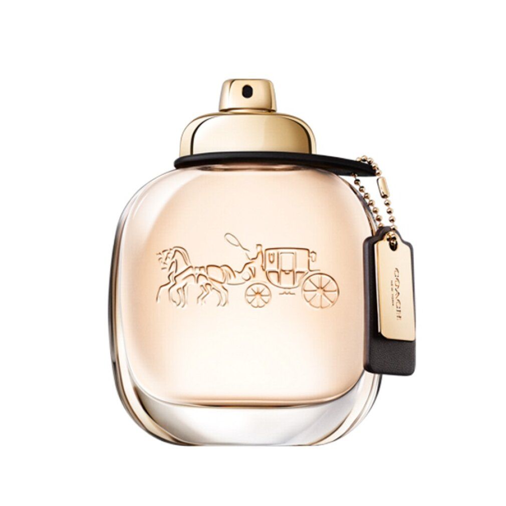 Coach Eau de Parfum Flakon mit goldfarbenem Verschluss und Anhänger, zeigt das Coach-Logo.