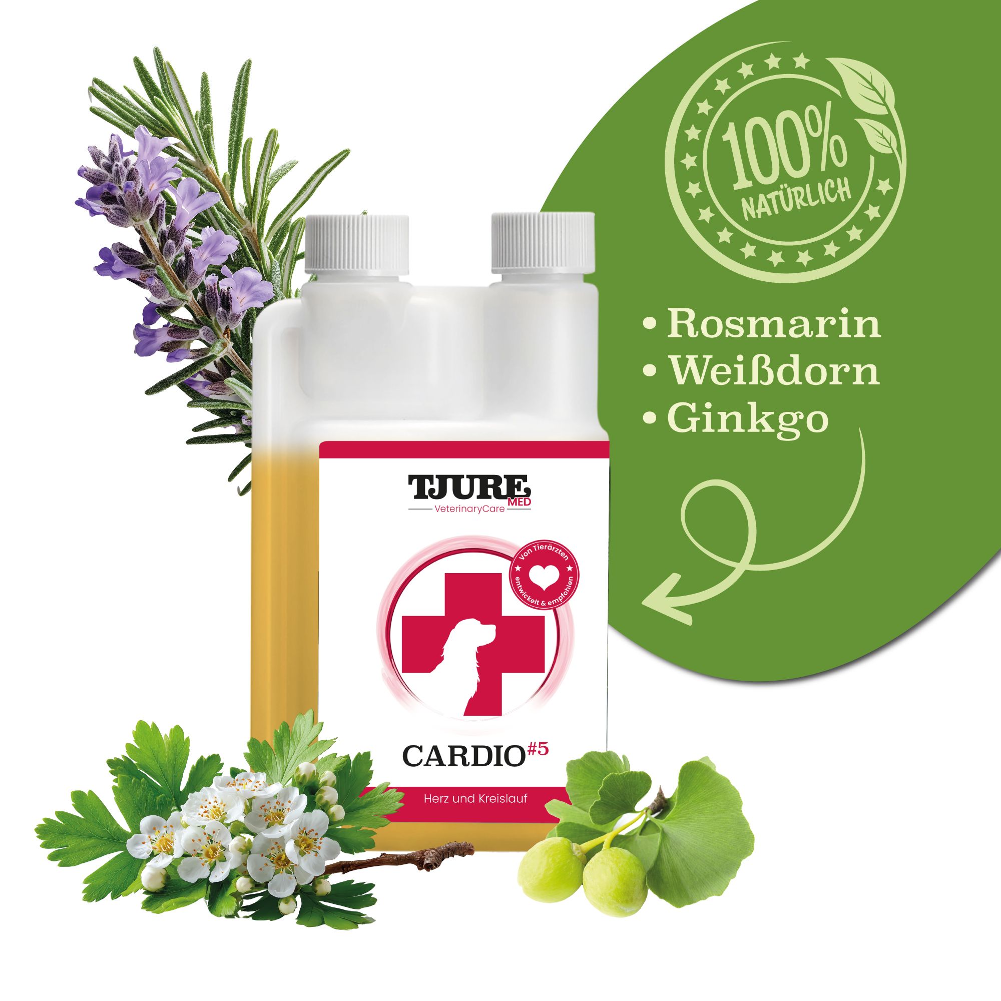 Doppelflasche mit gelber Flüssigkeit, umgeben von Kräutern. Etikett mit Text: CARDIO #5, Herz & Kreislauf. Marke: TJURE MED. Logo: rotes Kreuz mit Hund.