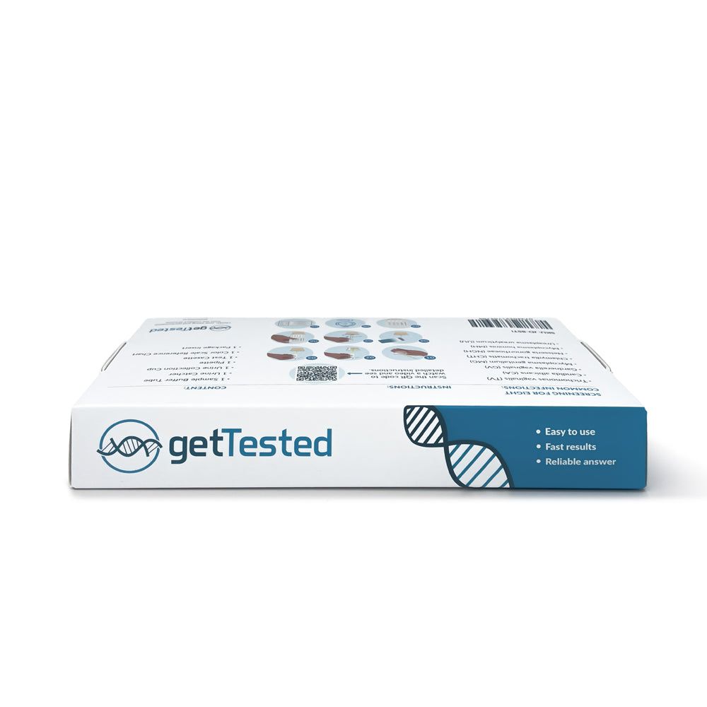 Verpackung des 8-in-1-STI-Testkits. Enthält Informationen zu verschiedenen sexuell übertragbaren Infektionen. Enthält 8 Tests.