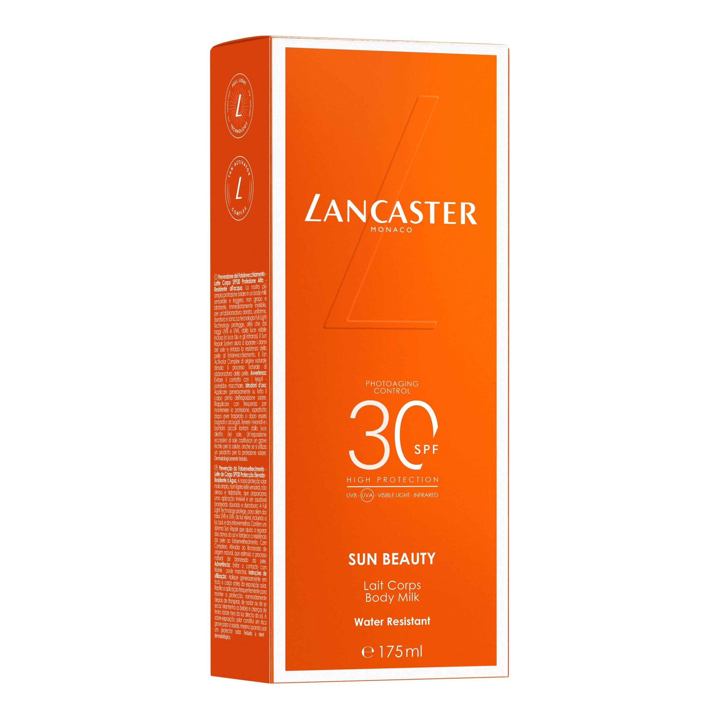 Orangefarbene Verpackung mit Produktnamen und SPF 30. Text: Lancaster, Sun Beauty, Body Milk, Water Resistant, e 175ml.
