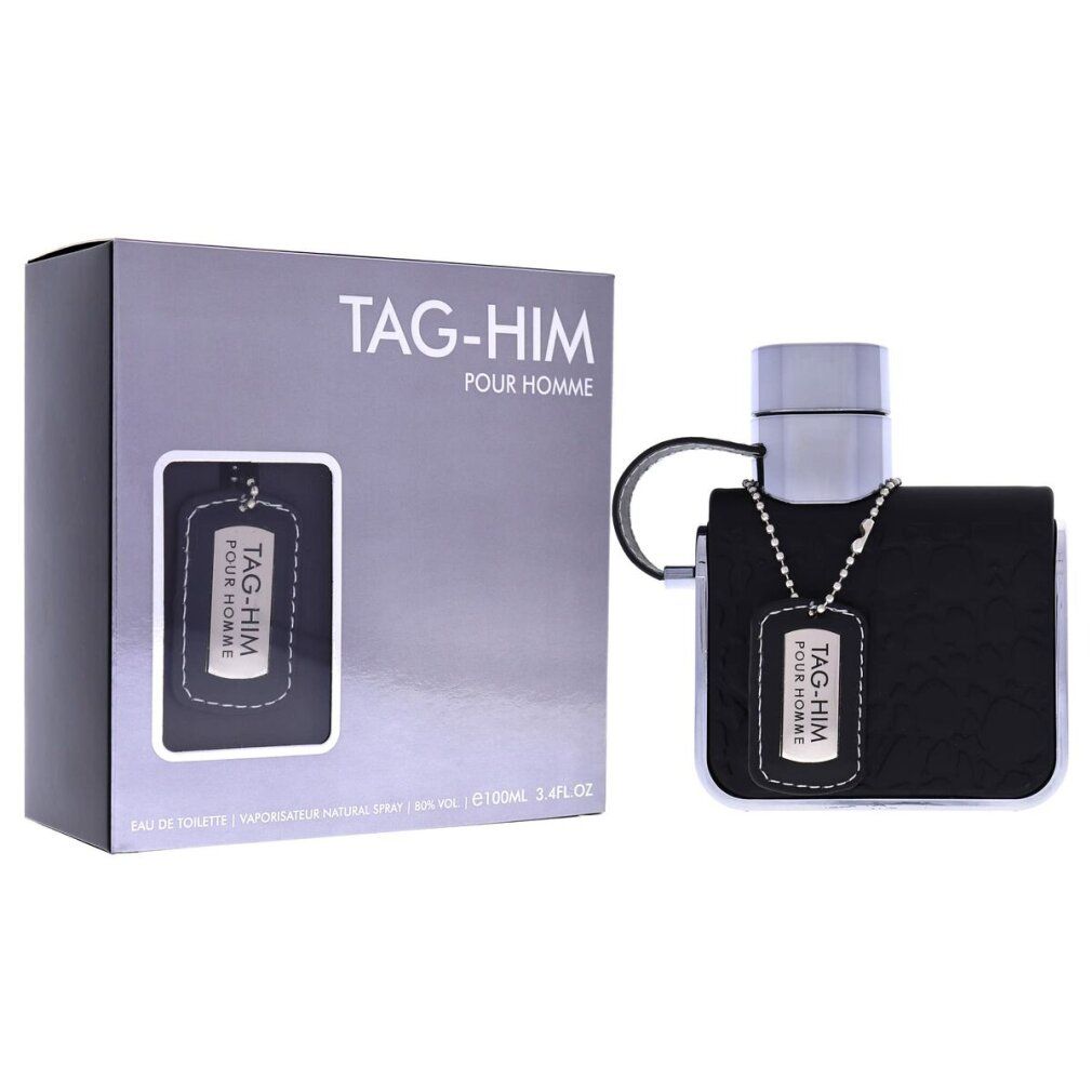 Eau de Toilette mit Verpackung. Schwarze Flasche mit silbernem Verschluss und Anhänger. Text: TAG-HIM POUR HOMME.
