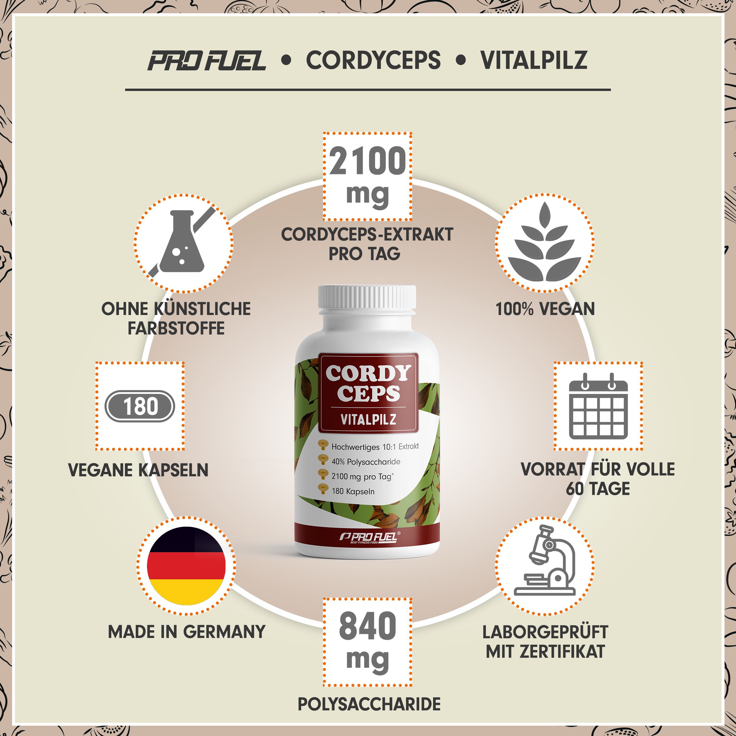 Weiße Flasche mit Kapseln. Aufschrift: Cordyceps Vitalpilz. Angaben zu Inhaltsstoffen und Zertifizierungen. Label mit Logo und Herkunftsland.