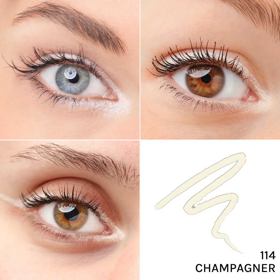 Drei Augen mit Kajal-Eyeliner-Strichen. Farbton 114 Champagner. Augen mit blauen und braunen Augen.
