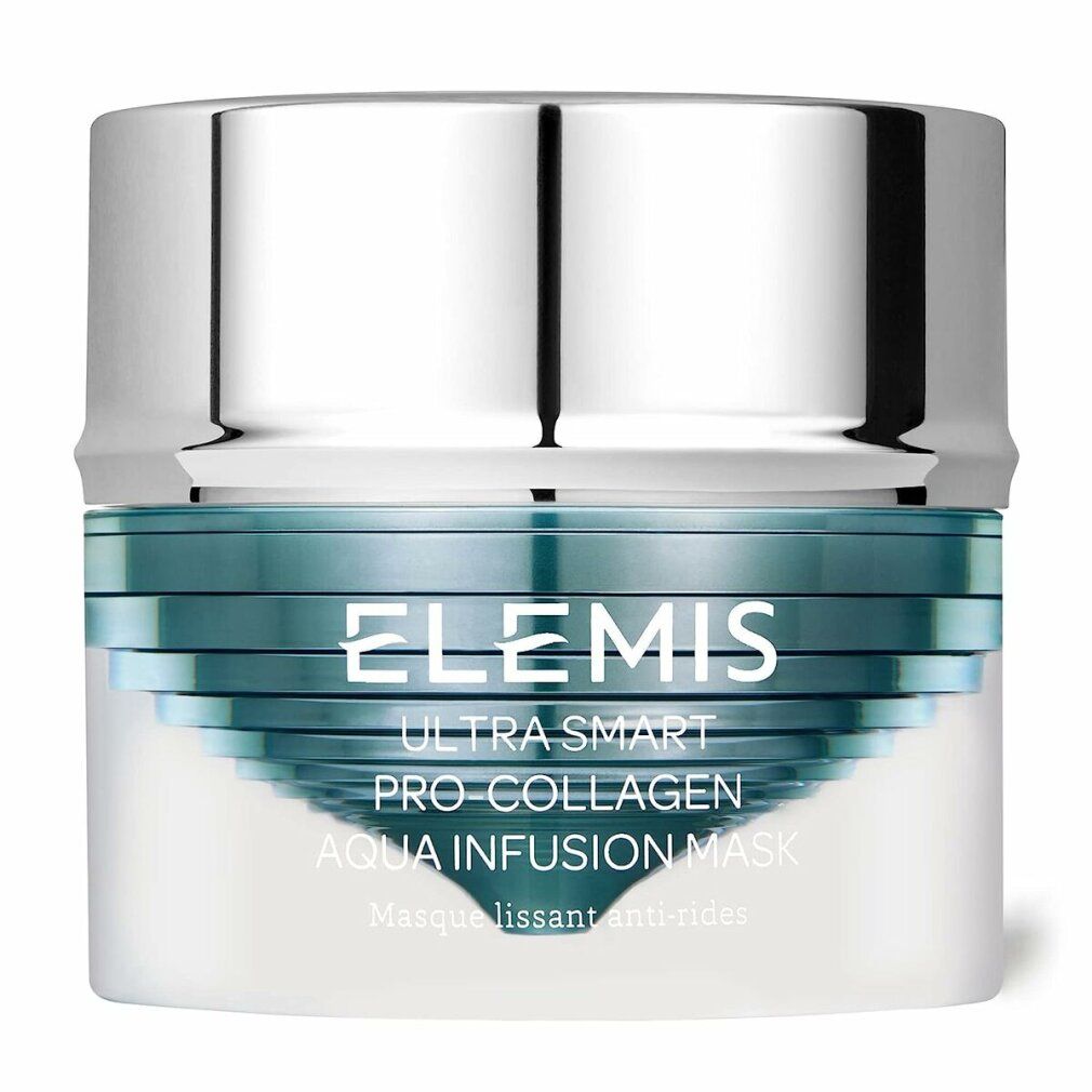 Tiegel mit Deckel. Aufschrift: Elemis Ultra Smart Pro-Collagen Aqua Infusion Mask. Falten glättende Maske.