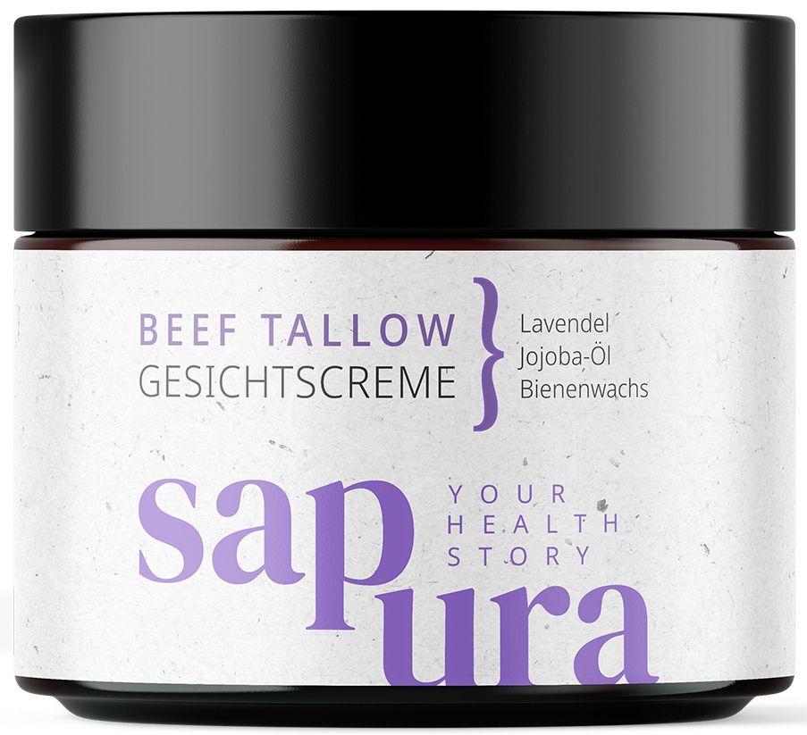 Creme-Tiegel mit schwarzem Deckel. Aufschrift: Beef Tallow Gesichtscreme, Lavendel, Jojoba-Öl, Bienenwachs, Marke: sapura.
