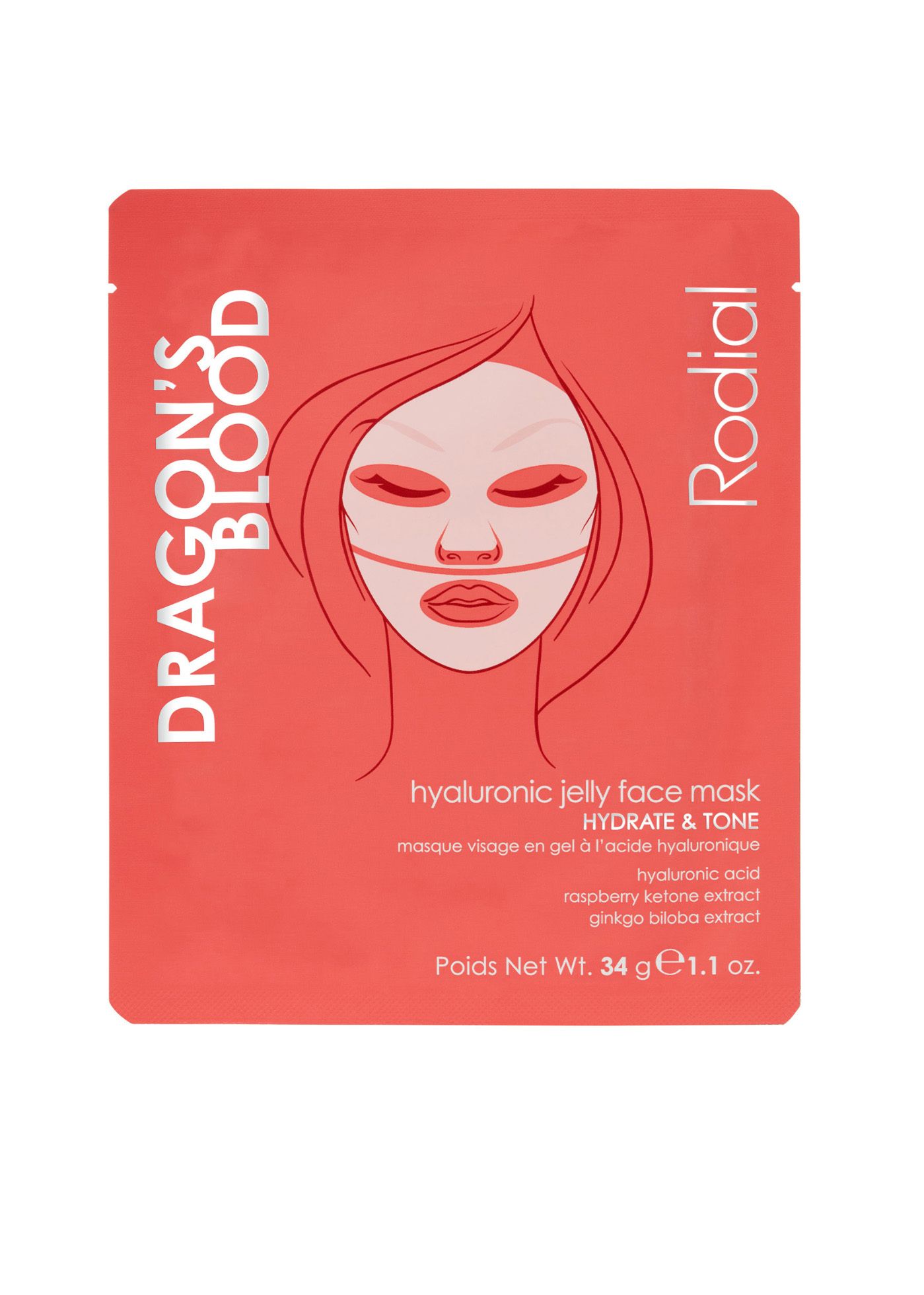 Rosa Verpackung mit Illustration eines Gesichts. Text: Dragon's Blood, Rodial, Hyaluronsäure-Gesichtsmaske, 34g.