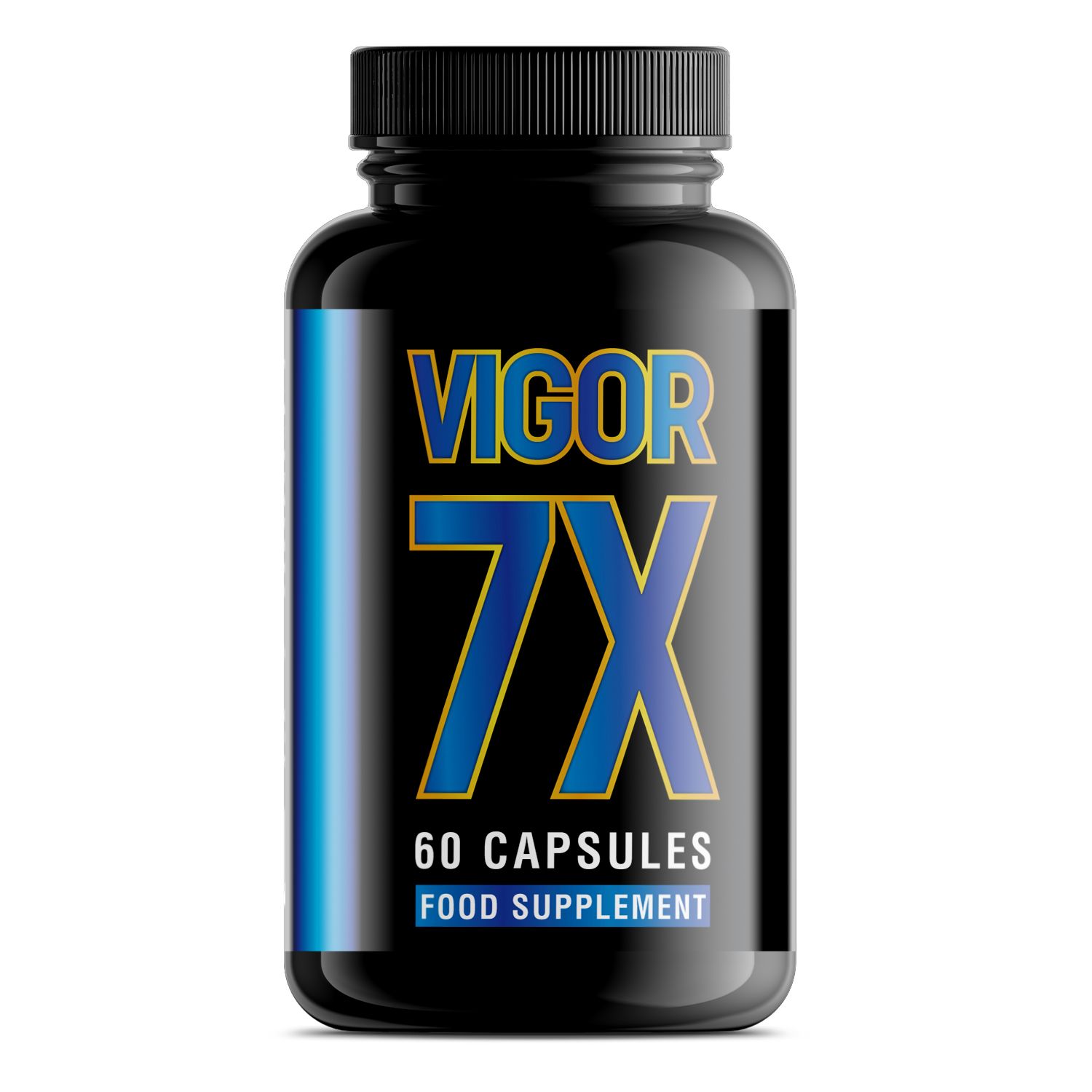 Schwarze Flasche mit Vigor 7X, 60 Kapseln, Nahrungsergänzungsmittel.