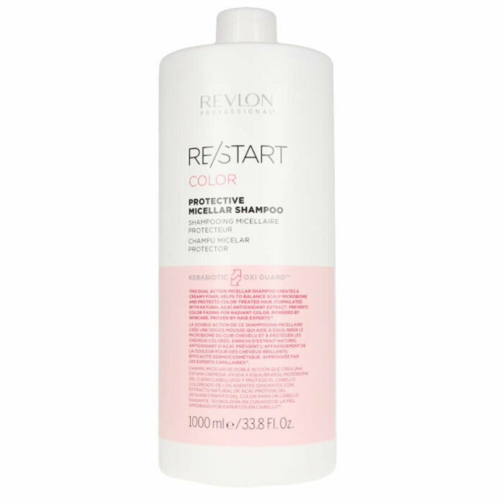 Weißer Shampoo-Behälter mit rosa Etikett. Aufschrift: Revlon Re/Start Color Protective Micellar Shampoo. 1000ml/33.8 fl oz.