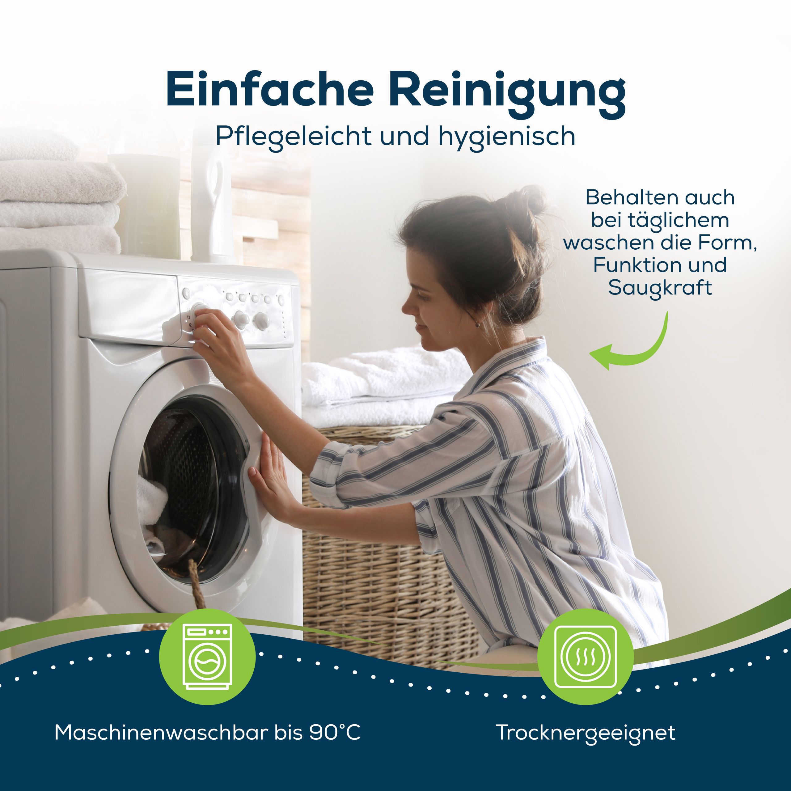 Inkontinenz-Bettunterlage in Waschmaschine. Waschbar bis 90°C. Trocknergeeignet. Pflegeleicht und hygienisch.