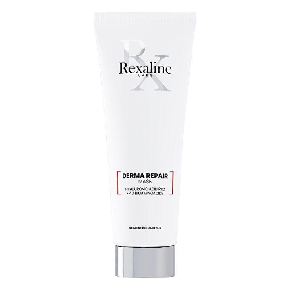 Weiße Tube mit silbernem Deckel. Aufschrift: Rexaline Labs, Derma Repair Mask. Enthält Hyaluronsäure RX2 und 40 Bioaminosäuren.