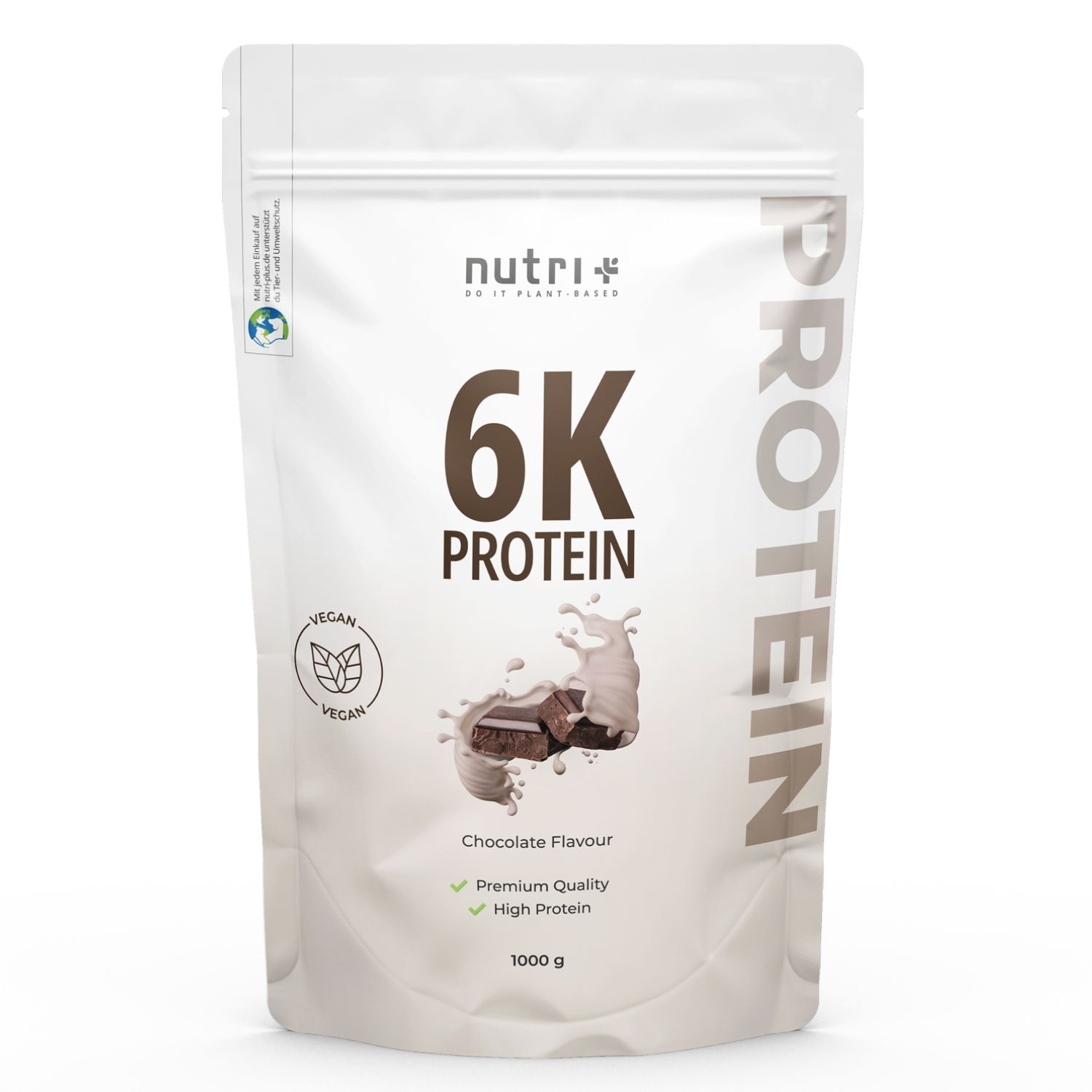 Weiße Protein-Pulver-Verpackung mit Logo und Text: 6K PROTEIN, Chocolate Flavour, Premium Quality, High Protein, 1000 g. Vegan-Siegel.