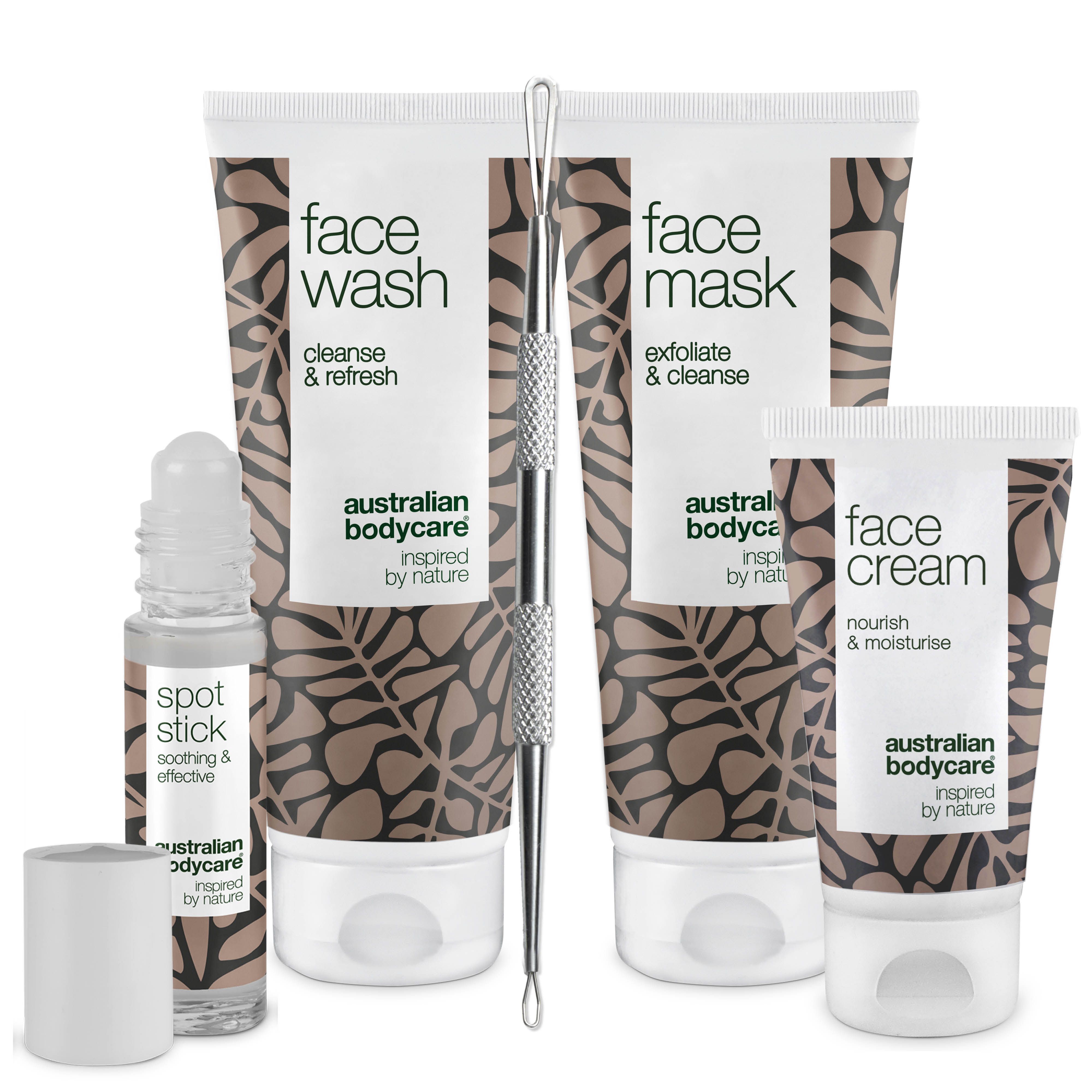 Set mit Gesichtsreinigung, Maske, Creme, Spot Stick und Werkzeug. Weiß-braunes Design. Text: Australian Bodycare.