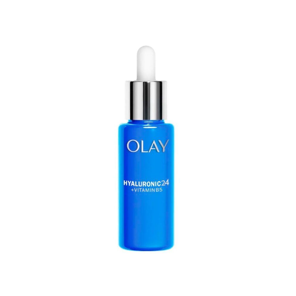 Blaue Flasche mit weißem Tropfer. Olay Hyaluronic24 + Vitamin B5 Serum. Silberner Verschluss. Aufschrift: Olay, Hyaluronic24 + Vitamin B5.