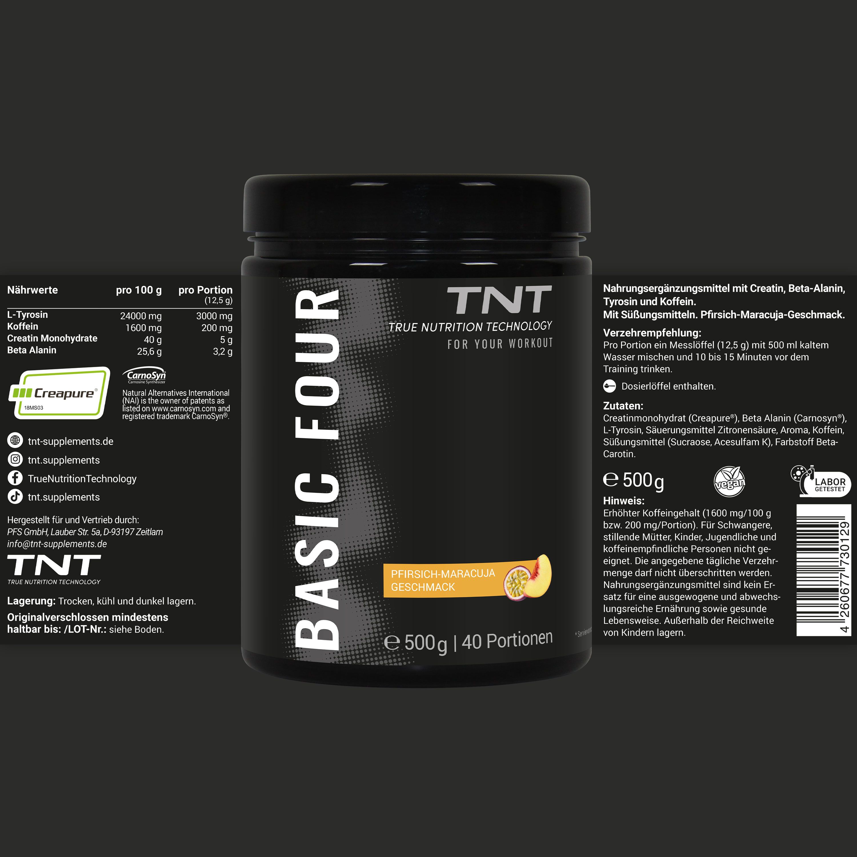 TNT Basic Four Dose mit Nährwertangaben. Aufschrift: Pfirsich-Maracuja Geschmack. 500g, 40 Portionen.