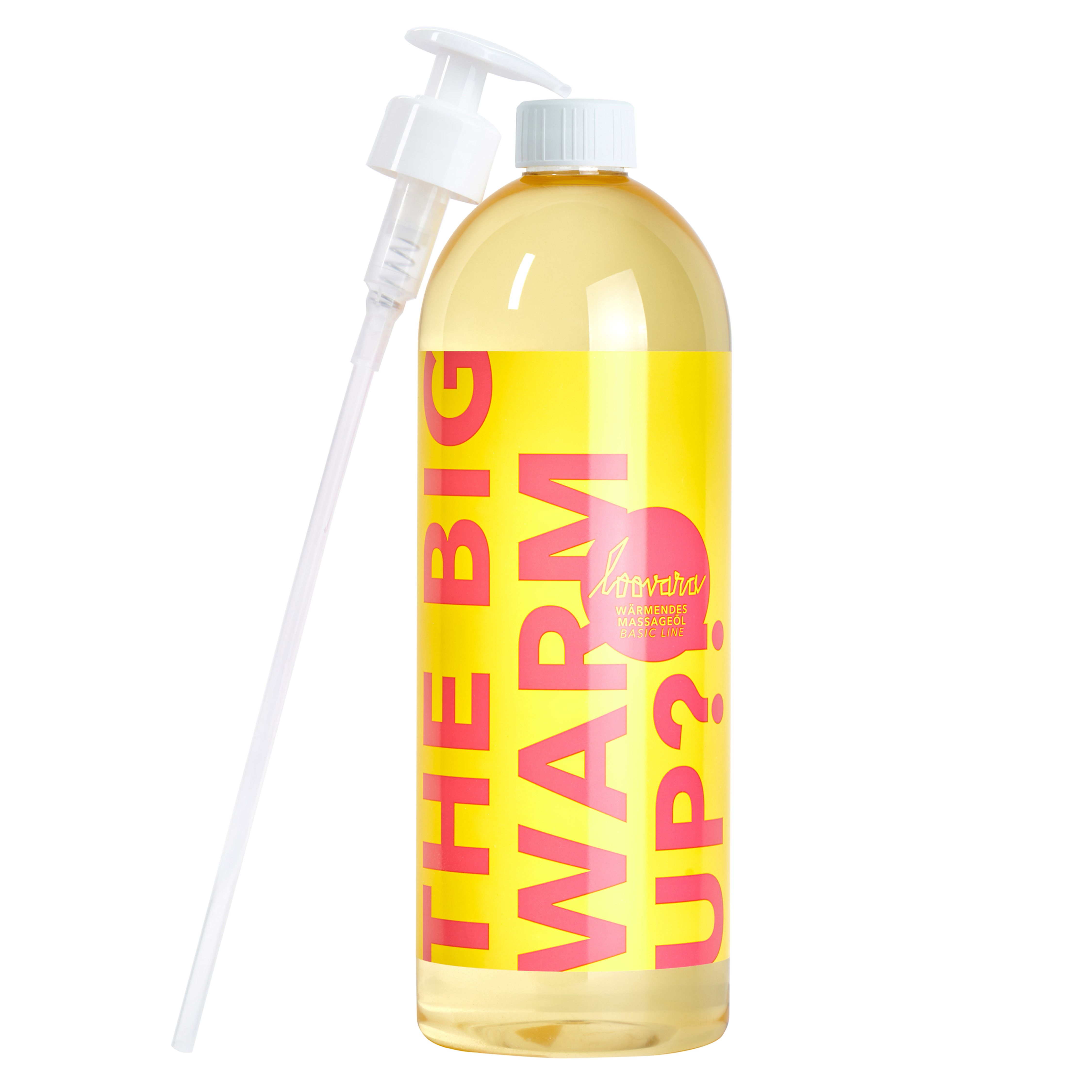 Flasche mit gelbem Massageöl und Pumpspender. Gelbe Etiketten mit pinker Schrift: "THE BIG WARM UP?".
