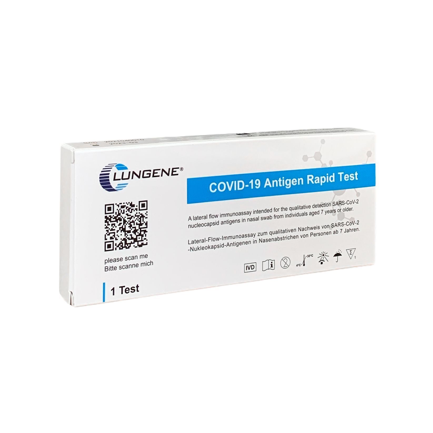 Schachtel mit Clungene COVID-19 Antigen Rapid Test. Aufschrift: COVID-19 Antigen Rapid Test. 1 Test.