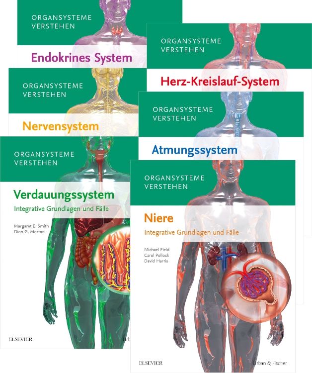 Mehrere Bücher, Titel: Organsysteme verstehen. Abbildungen von menschlichen Organen. Titel wie Endokrines System, Herz-Kreislauf-System, Nervensystem.