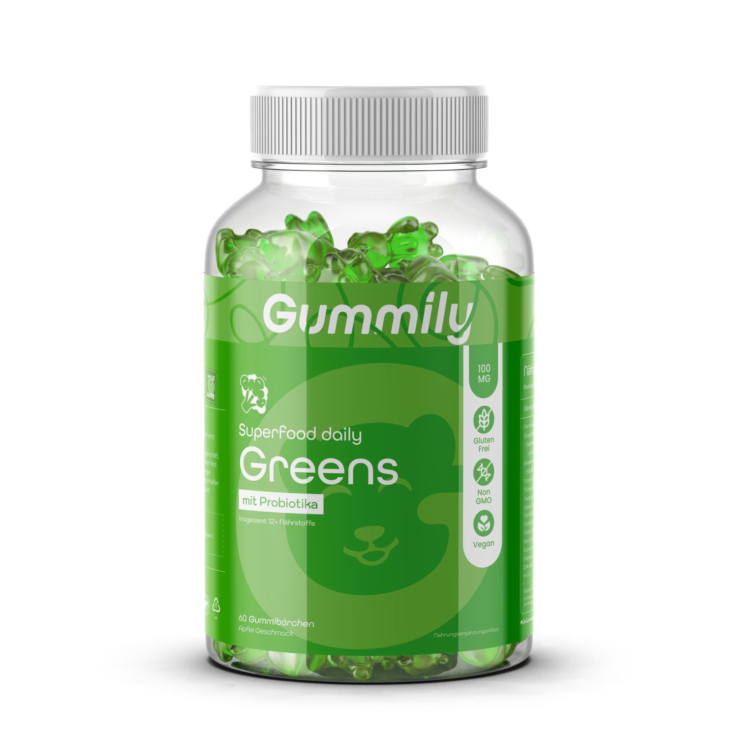 Klare Flasche mit grünen Gummibärchen. Aufkleber mit "Gummily", "Greens", "Probiotika". Vegan, glutenfrei, zuckerfrei.
