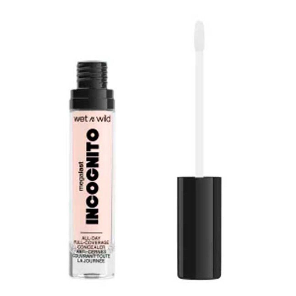 Concealer-Fläschchen mit schwarzem Deckel und Applikator. Aufschrift: Incognito, Wet n Wild. Vollabdeckung.