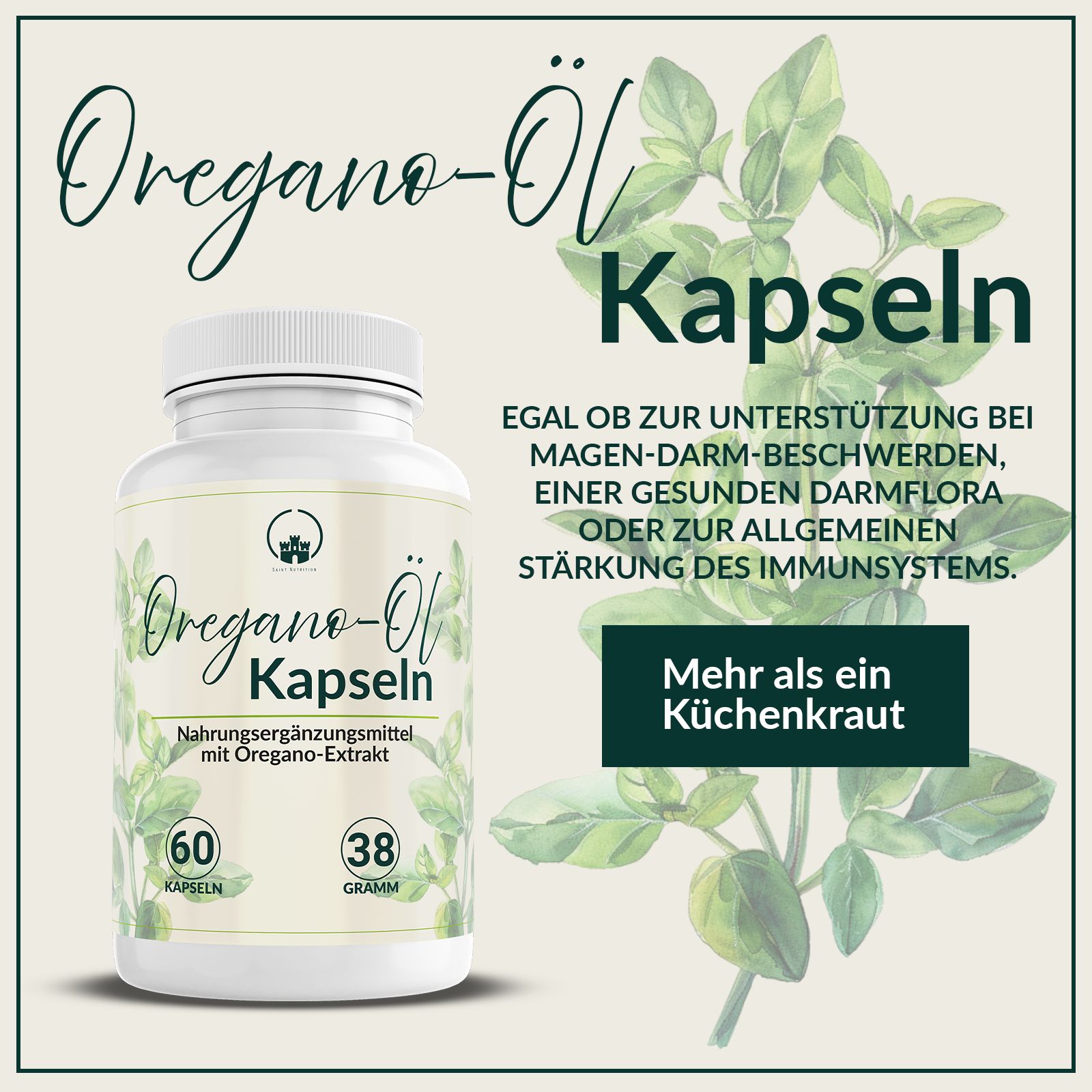 Produkt-Werbung. Weiße Flasche mit Kapseln. Text: Oregano-Öl Kapseln, 60 Kapseln, 38 Gramm. Illustration von Oregano-Blättern.