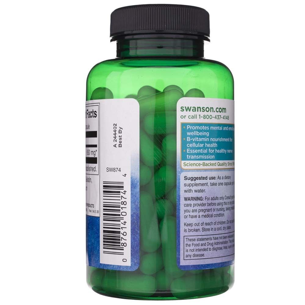 Grüne Flasche mit grünen Kapseln und weißen Etiketten. Enthält Swanson.com und Barcode.