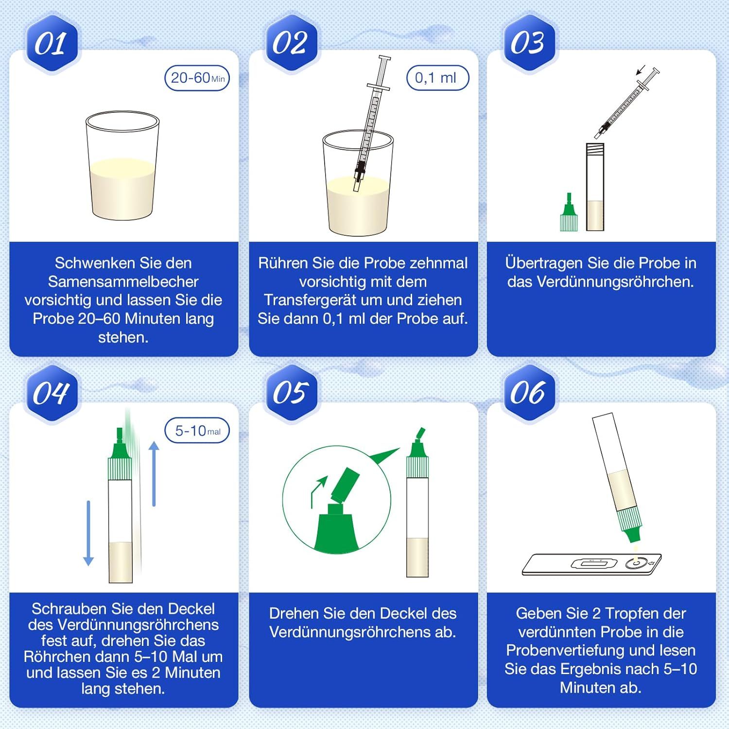 6 Schritte zur Durchführung des Tests. Abgebildet: Becher, Spritze, Röhrchen, Teststreifen. Text in Deutsch.