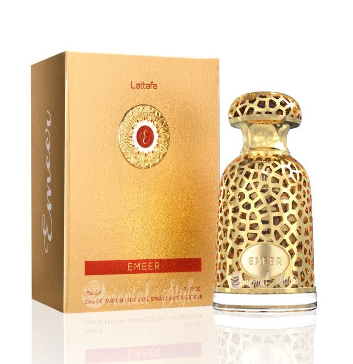 Goldfarbene Parfümflasche mit filigranem Muster und goldener Verpackung. Aufschrift "Emeer" und "Lattafa".