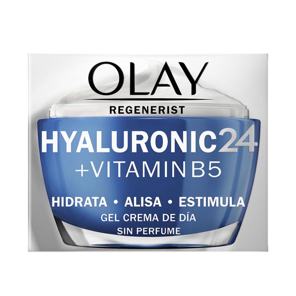 Olay Regenerist Hyaluronic 24 + Vitamin B5. Blaue Verpackung mit Text. Gel Crema de Día.