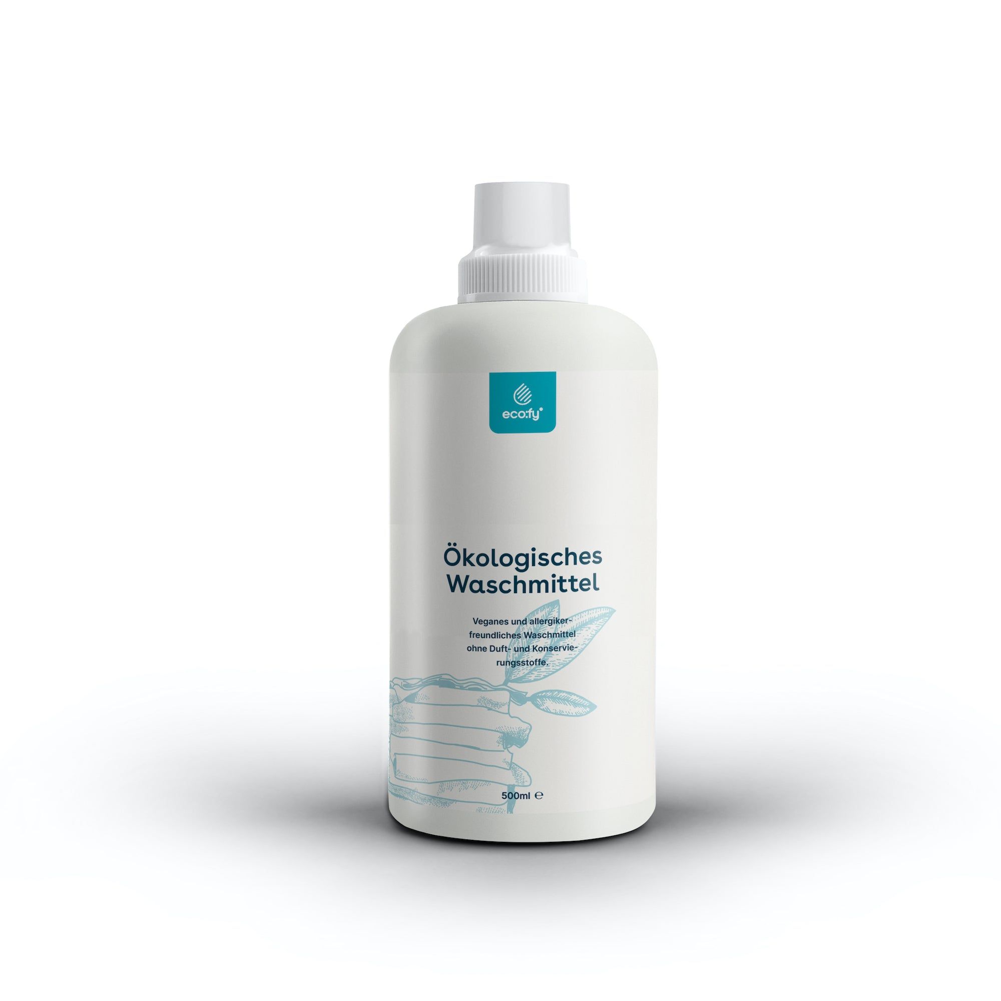 Weiße Flasche mit blauem Etikett. Aufschrift: Ökologisches Waschmittel. Logo: eco:fy. Abbildung von Textilien.