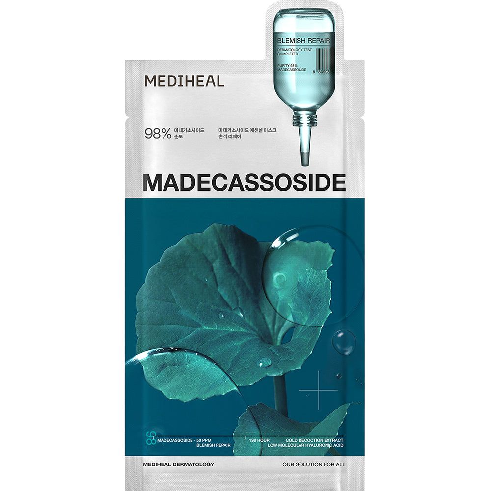 Verpackung der MEDIHEAL Madecassoside Essential Maske. Text: Madecassoside, 98%, Blemish Repair, Blatt-Illustration.