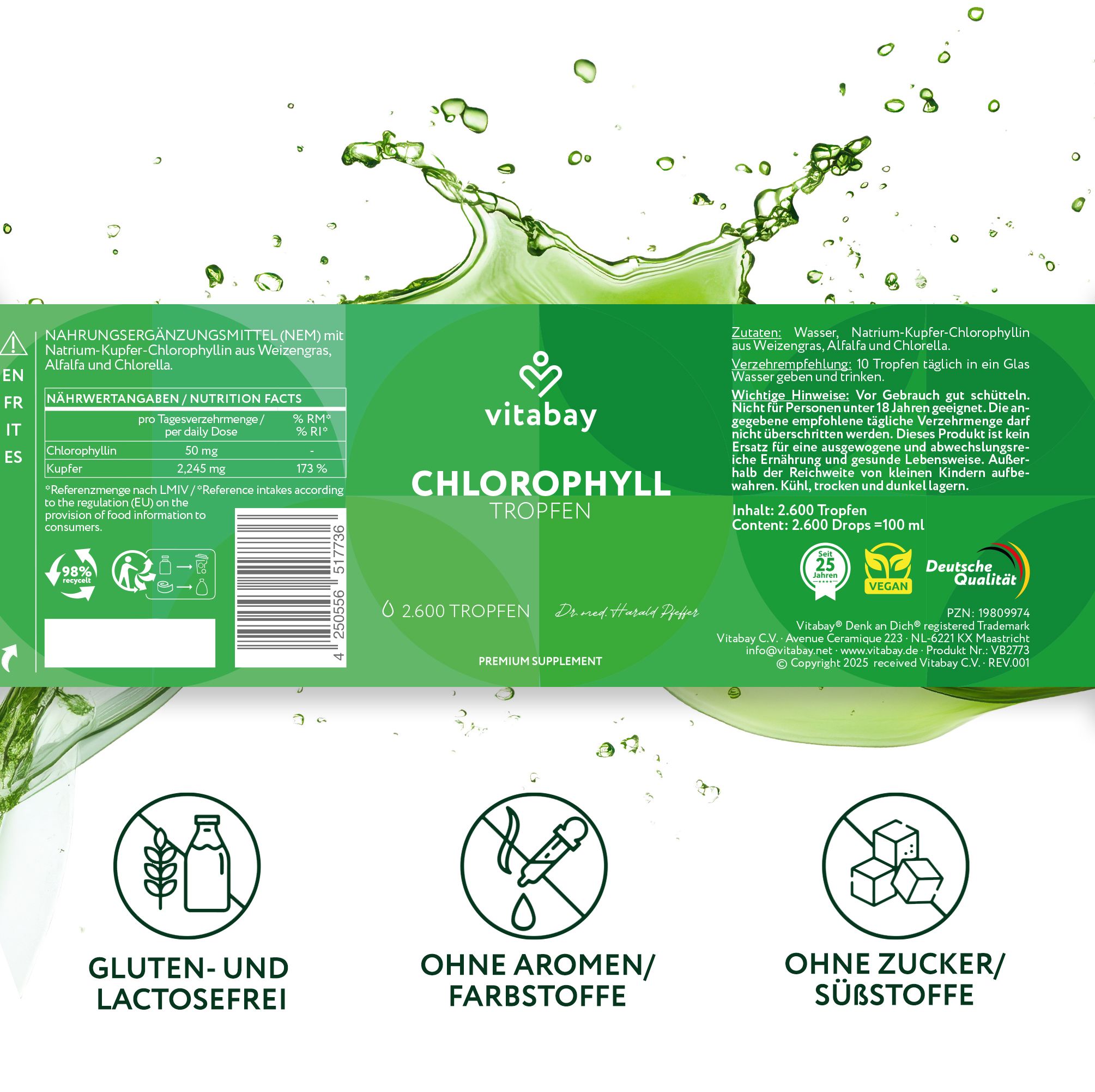 Nahaufnahme der Rückseite einer Verpackung. Text: Nahrungsergänzungsmittel, Chlorophyll Tropfen, 2600 Tropfen, Vitabay.