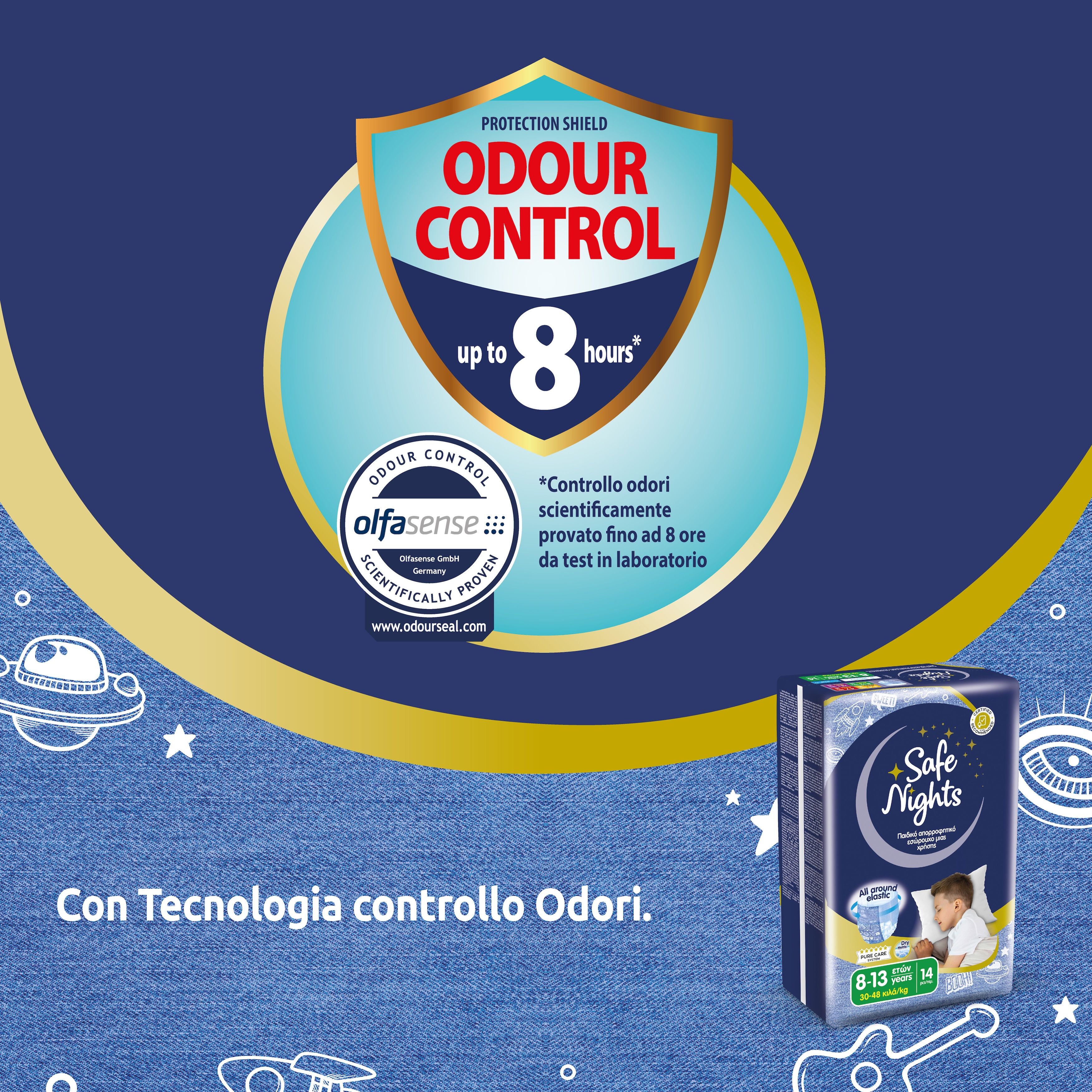 Verpackung Babylino Safe Nights. Geruchskontrolle bis zu 8 Stunden. Text auf Italienisch. Produktabbildung.