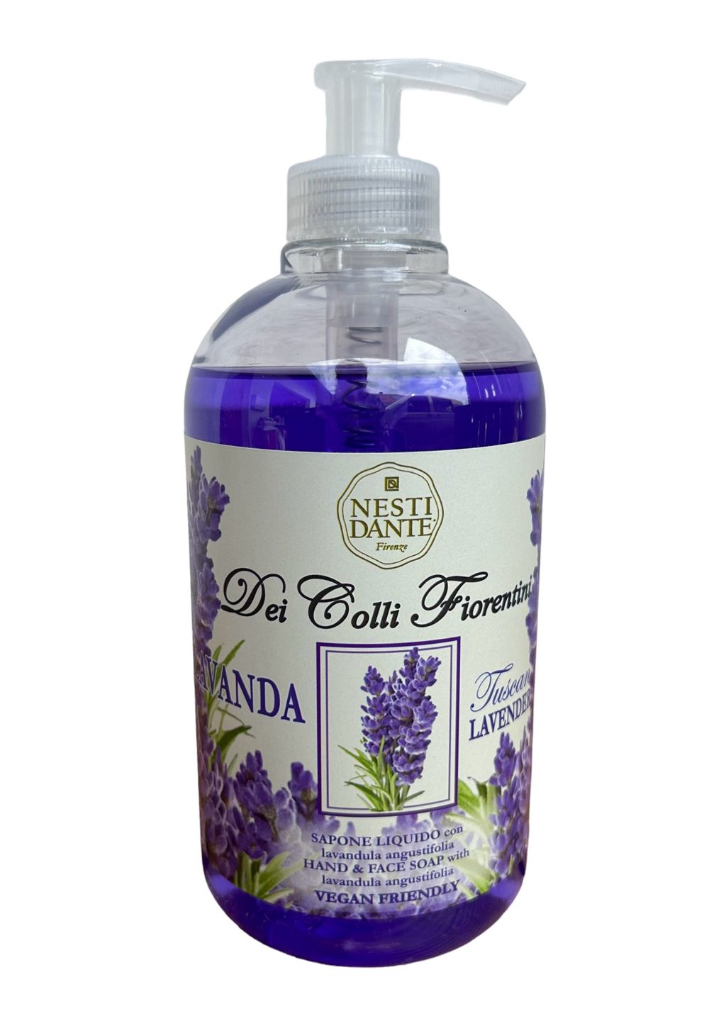 Transparente Flasche mit lila Flüssigseife. Aufkleber mit Lavendel-Illustration und Schriftzug. Dosierpumpe aus Kunststoff.