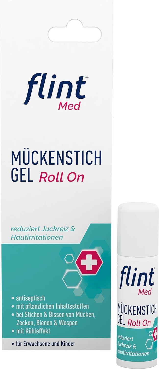 Produktverpackung von flint Mückenstich Gel Roll On. Weißes Roll-on-Fläschchen und Karton mit Produktinformationen und Logo.