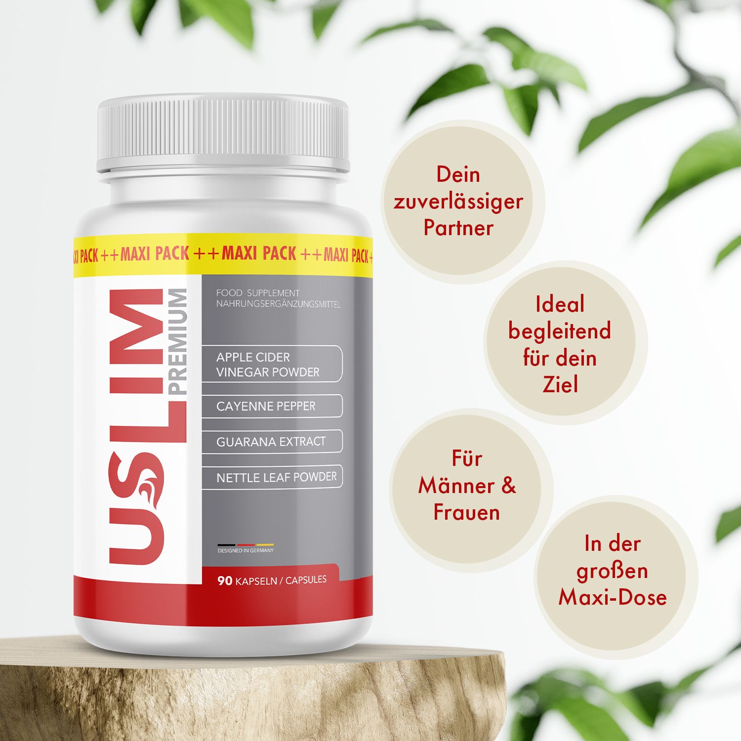 USLIM PREMIUM Flasche auf Holzsockel. Text: Dein zuverlässiger Partner, Ideal begleitend für dein Ziel, Für Männer & Frauen, In der großen Maxi-Dose.