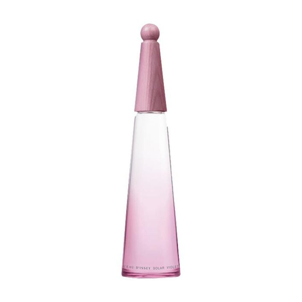 Flakon von Issey Miyake, L'Eau d'Issey Solar Violet. Rosa Farbverlauf, Holzdeckel. Aufschrift am Boden.