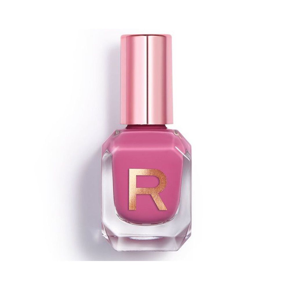 Rosa Nagellackflasche mit klarem Glas und goldener "R"-Prägung. Der Applikator ist daneben abgebildet.