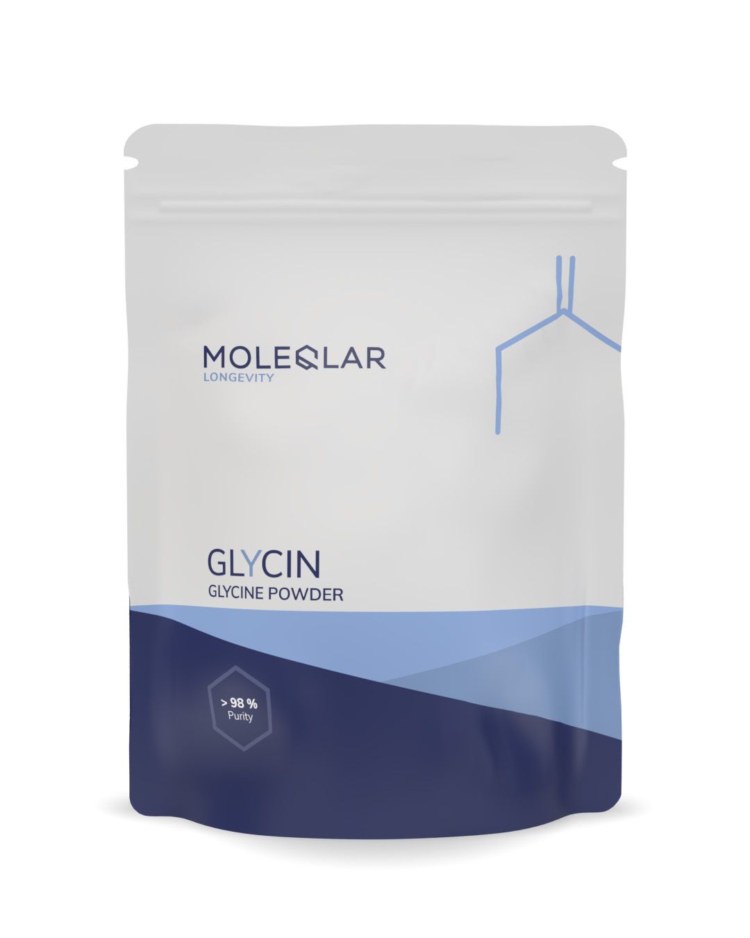 MoleQlar Glycin Pulver in einem weißen Beutel mit blauen Akzenten. Zeigt >98% Reinheit.