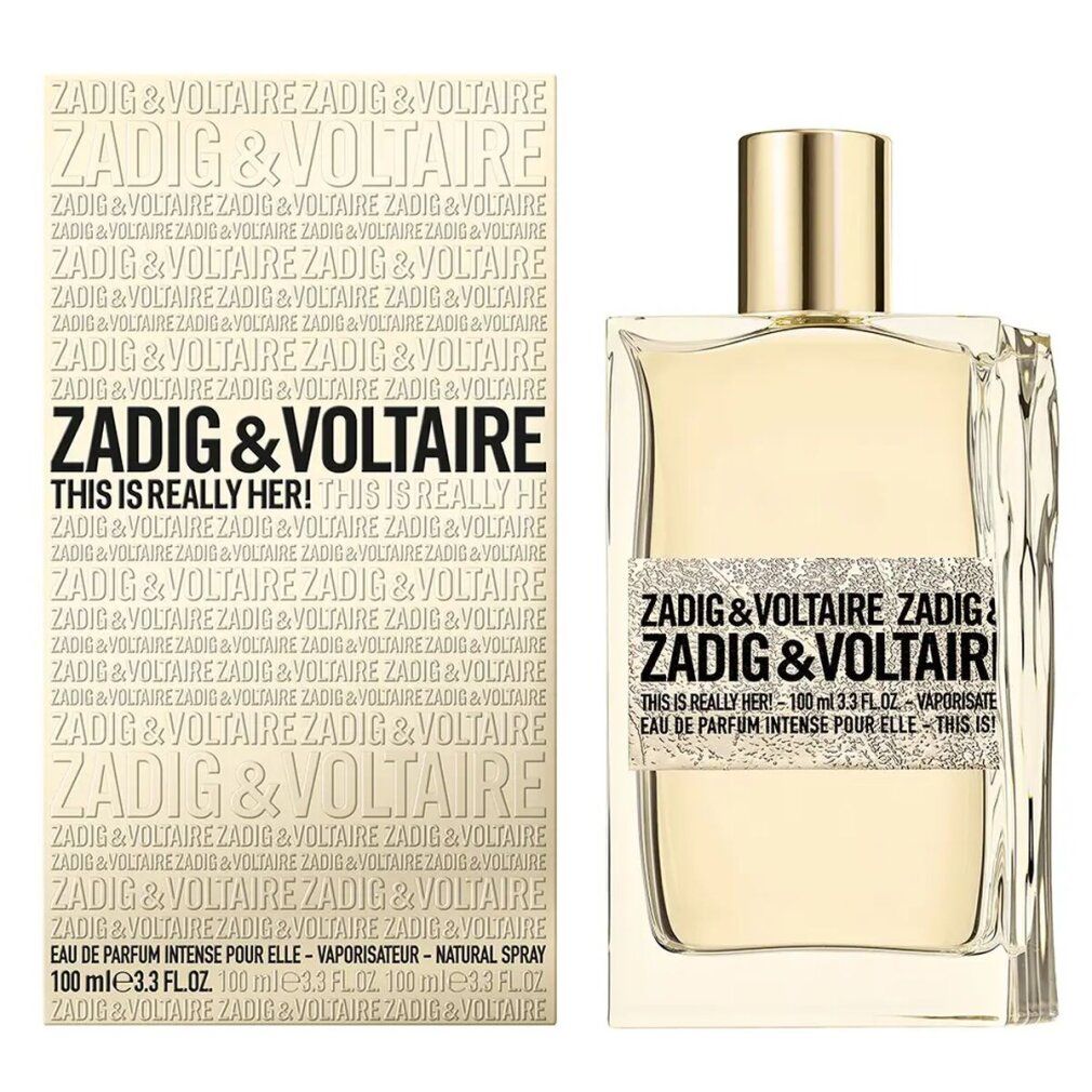 Parfümflakon und Verpackung. Aufschrift: Zadig & Voltaire, This Is Really Her! EdP Intense. Flakon mit goldfarbenem Verschluss.