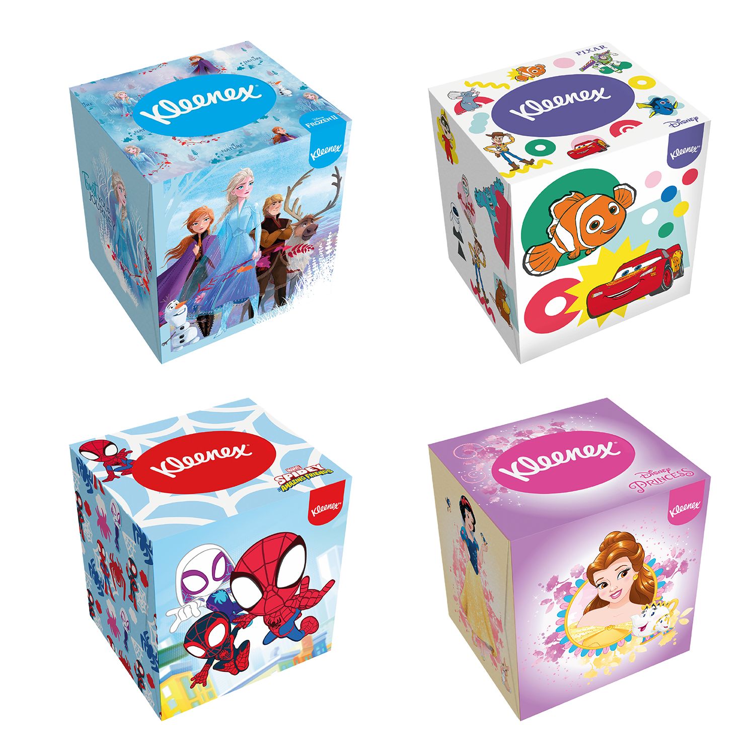 Kleenex-Taschentücher-Boxen mit verschiedenen Disney-Designs. Vier Boxen mit unterschiedlichen Motiven: Frozen, Pixar, Spider-Man und Prinzessinnen.