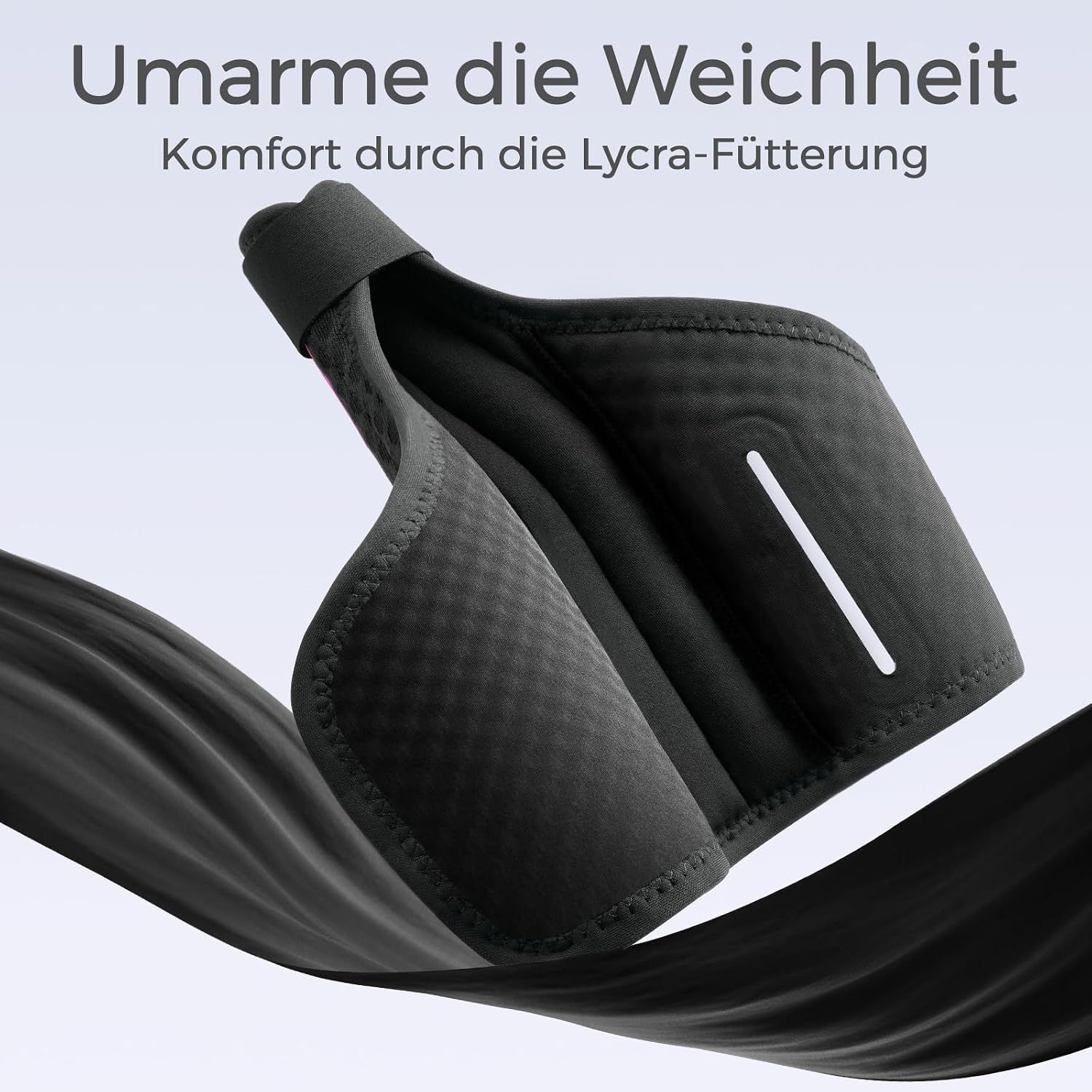 Schwarze Handgelenkbandage mit pinken Akzenten und atmungsaktivem Material.