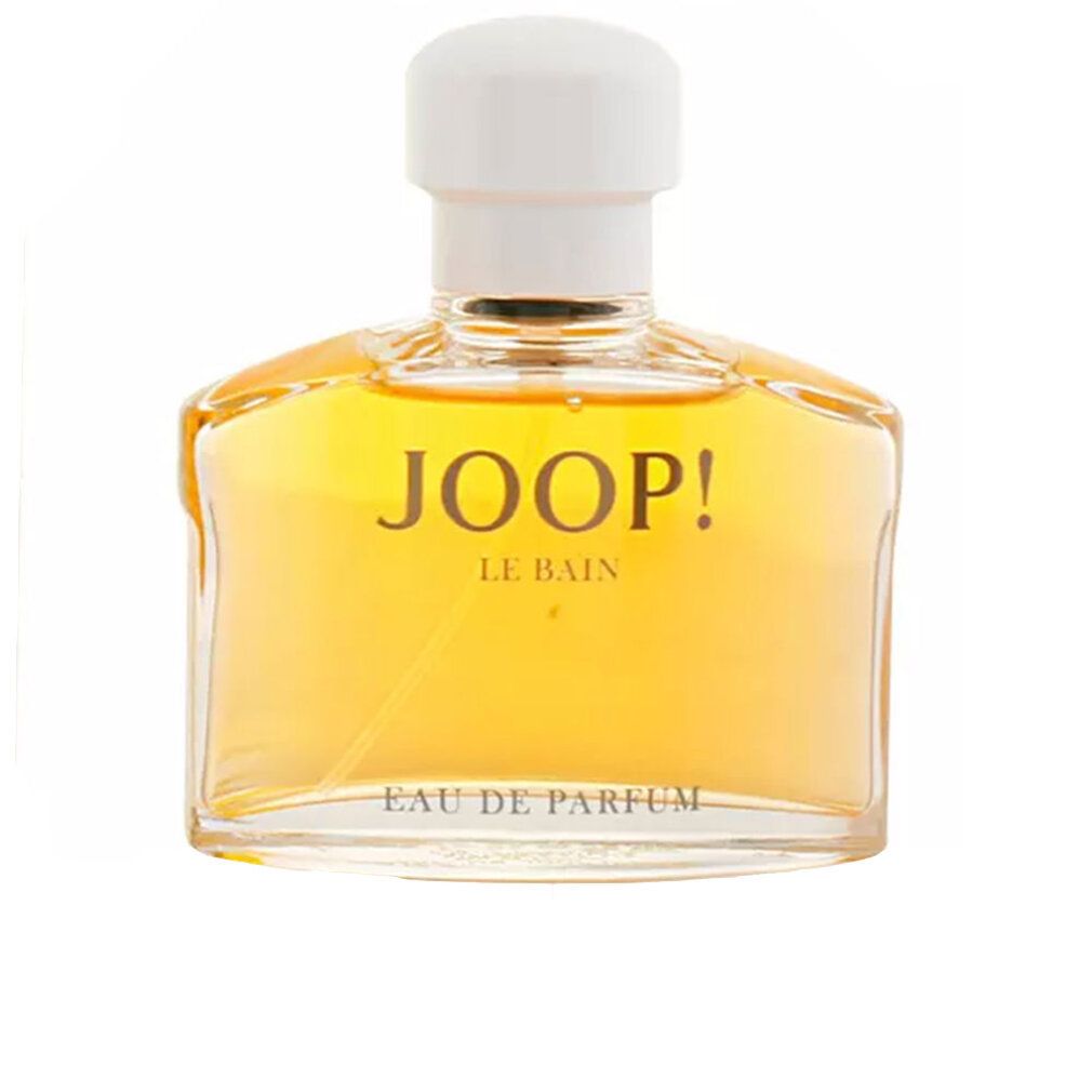Joop! Le Bain Eau de Parfum Flakon. Eckiger Glasflakon mit weißem Verschluss. Gelbe Flüssigkeit sichtbar. Schriftzug JOOP! und Le Bain.