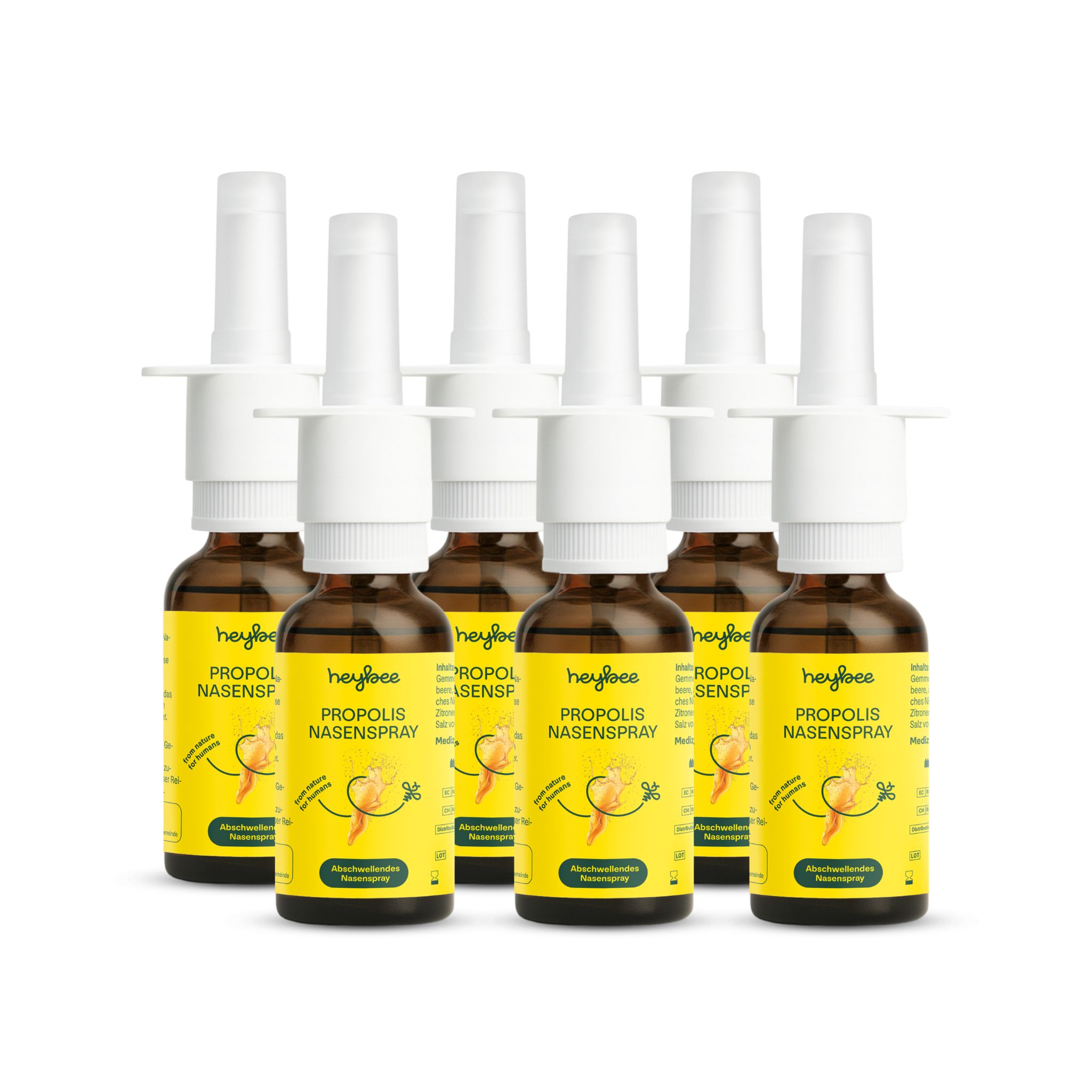 Mehrere braune Flaschen mit weißem Sprühkopf. Text: Heybee Propolis Nasenspray. Produktpräsentation.