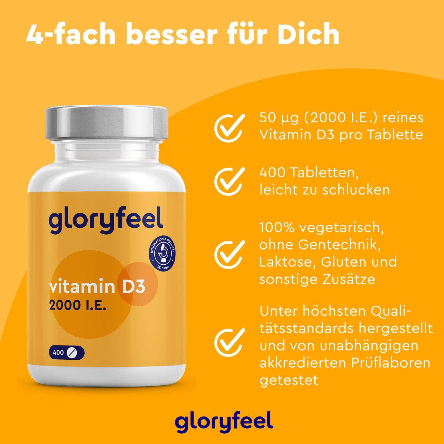 Gelber Hintergrund mit Text und einer gloryfeel Vitamin D3 Flasche. Text: 50 µg Vitamin D3, 400 Tabletten, vegetarisch.