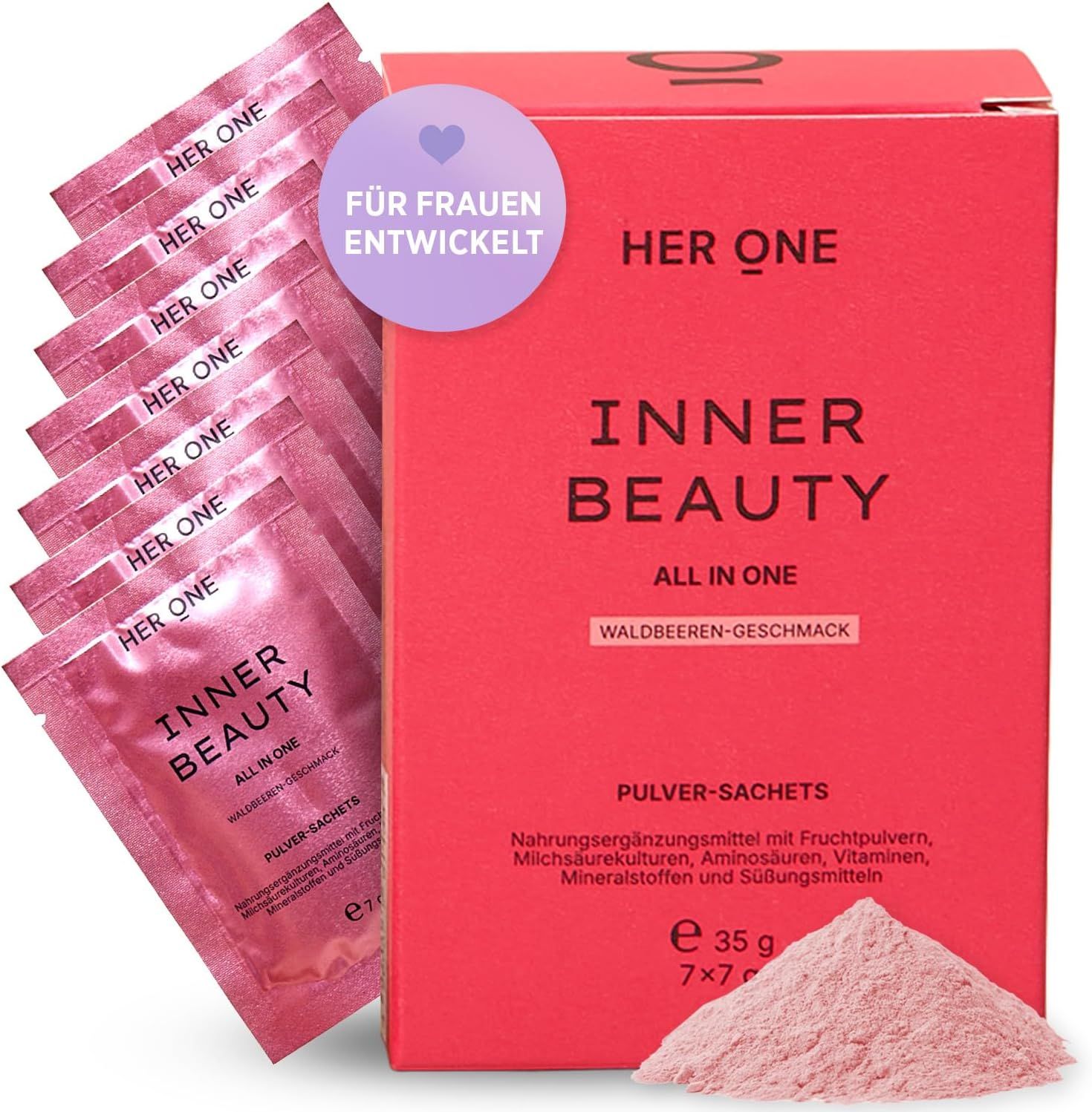 Rosa Produktverpackung mit Beuteln. Text in Deutsch. 7 Beutel mit Pulver.