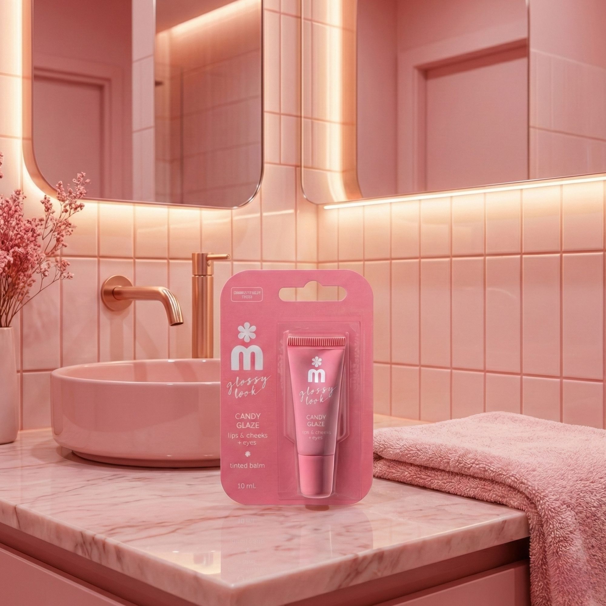 Rosa Produktverpackung mit Tube. Produktname: Candy Glaze, für Lippen, Wangen und Augenlider. Badezimmer-Hintergrund.