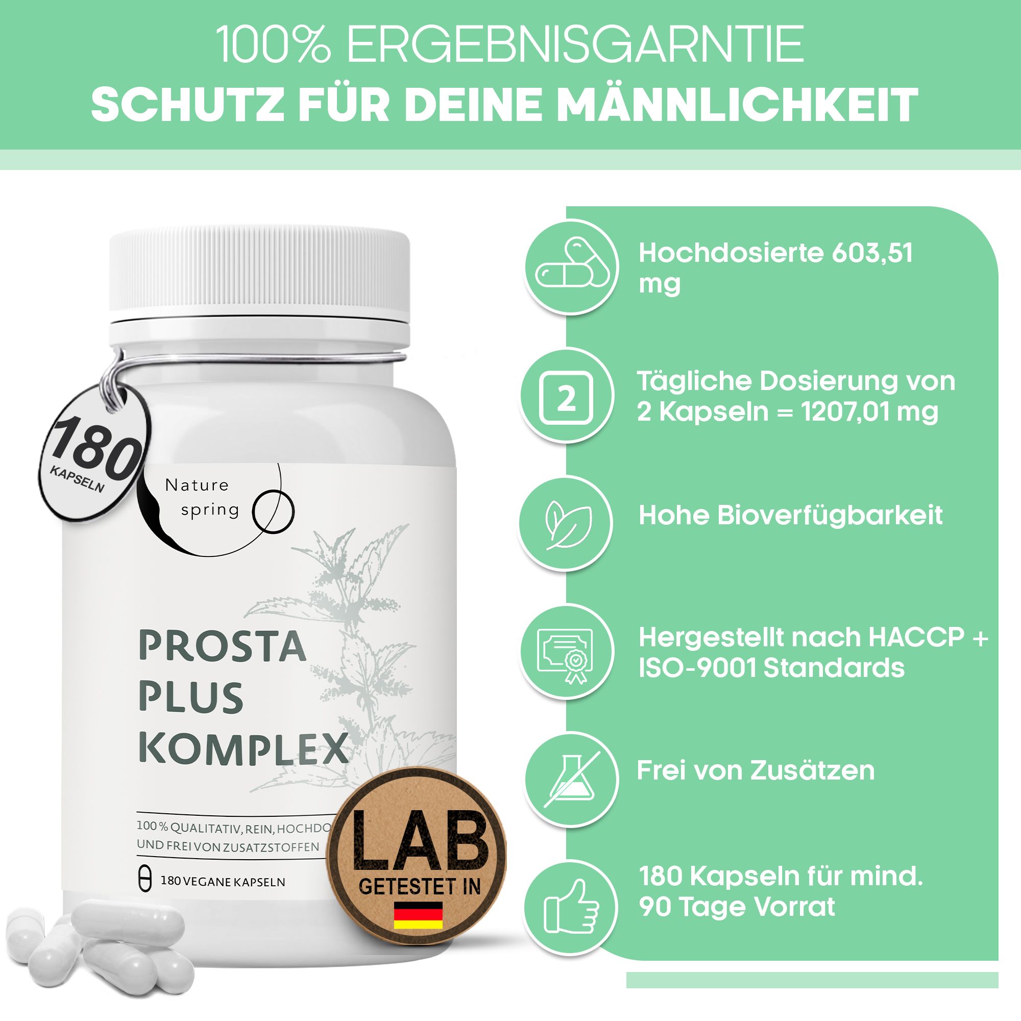 Weiße Kapseln und eine Flasche mit dem Etikett "Prosta Plus Komplex". Auf dem Etikett steht "Nature Spring".