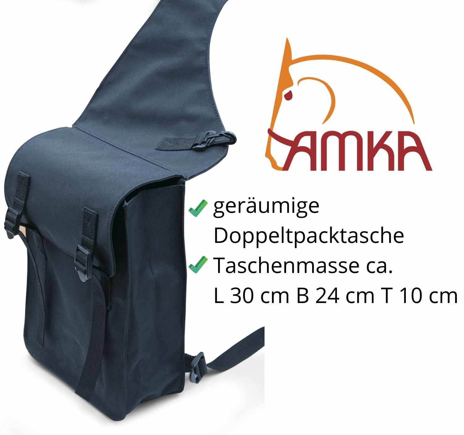 Schwarze Satteltasche mit AMKA-Logo. Abmessungen: L 30 cm, B 24 cm, T 10 cm. Mit Schnallen und Trageriemen.
