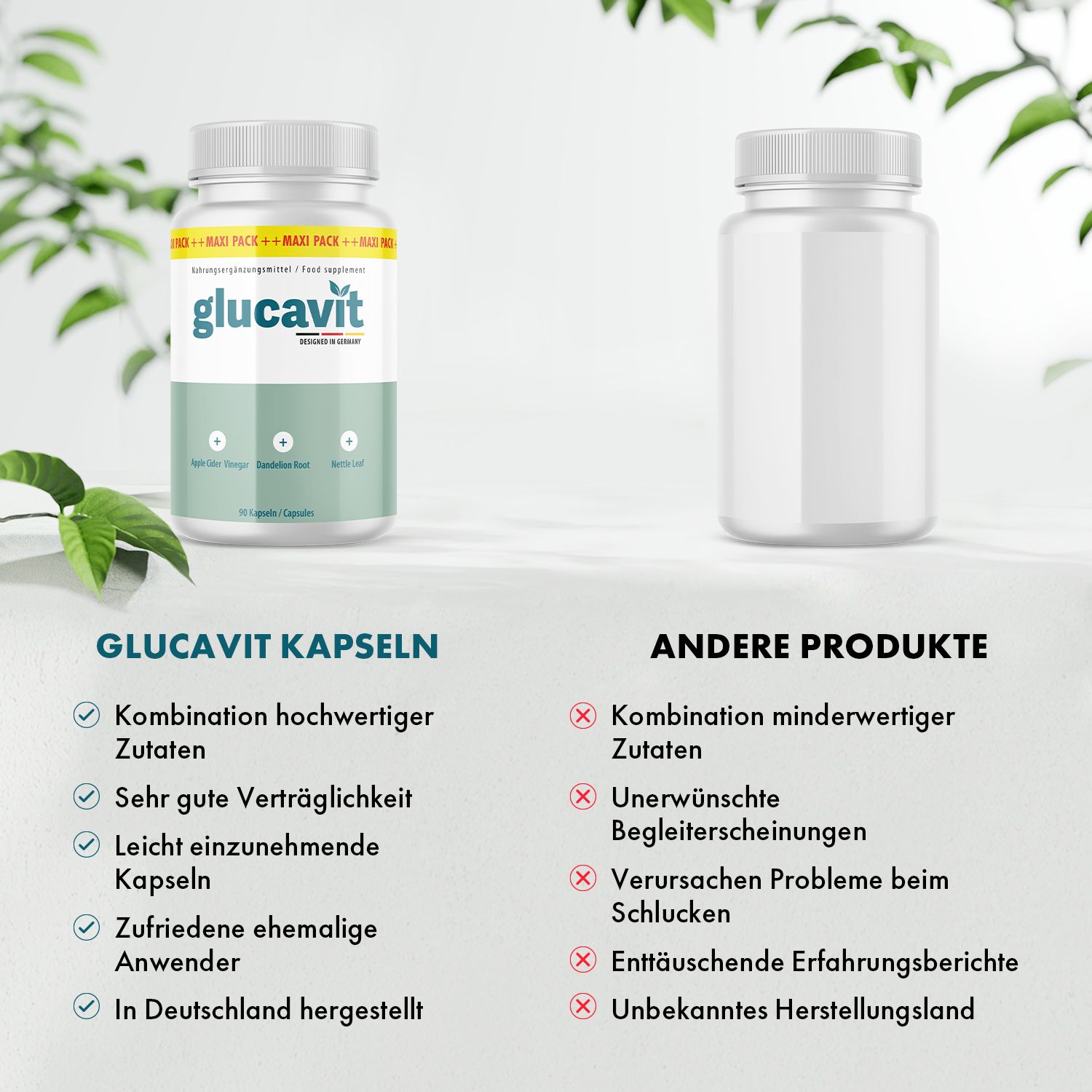 Glucavit Kapseln-Flasche neben einer anderen Flasche. Text: Kombination hochwertiger Zutaten, sehr gute Verträglichkeit, leicht einzunehmende Kapseln.