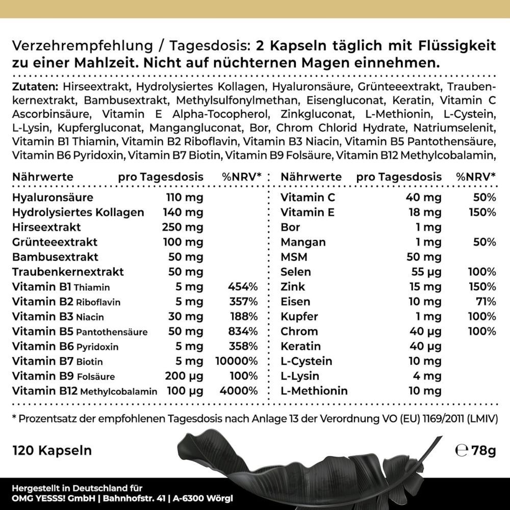 Flasche mit Kapseln und detaillierter Nährwerttabelle.